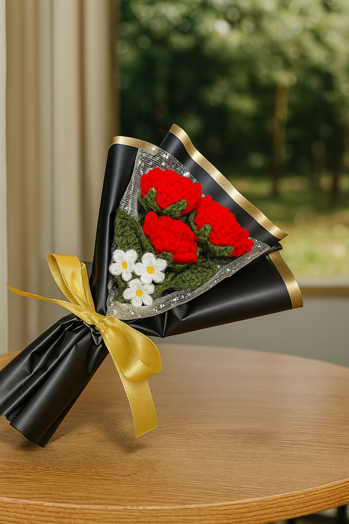 3 Red Roses with Forget-Me-Nots & Leaves