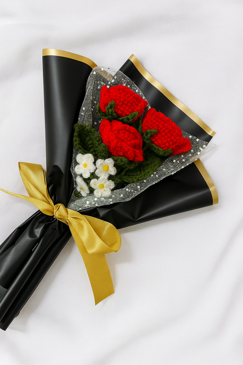 3 Red Roses with Forget-Me-Nots & Leaves